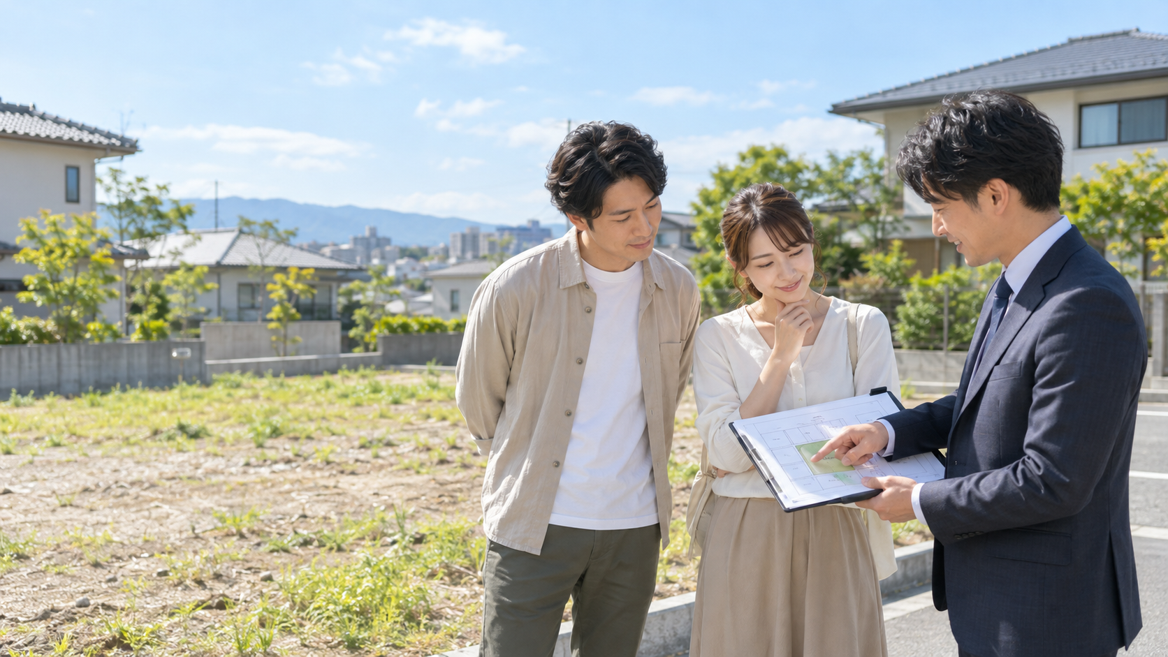 福山市で土地購入前の確認をしている家族と担当者